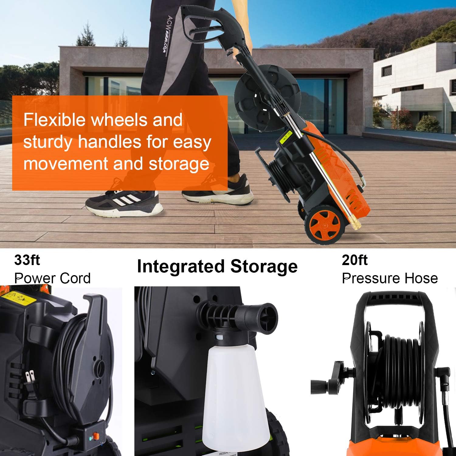 Best Deal 🛒 WHOLESUN 3000PSI Electric Pressure Washer 2.4GPM Power Washer 1600W High Pressure Cleaner Machine with 4 Nozzles Foam Cannon for Cars, Homes, Driveways, Patios (Organe)