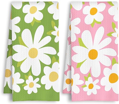 Miniatura 17 de Toallas de cocina con diseño floral de margaritas, estilo retro de los años 70, color marrón y verde, toalla de mano rústica estilo botánico