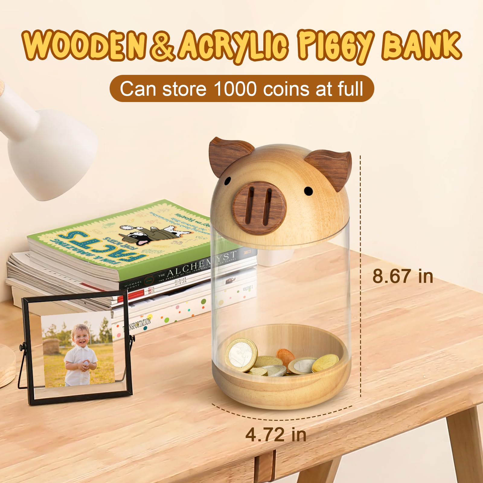 Wooden Piggy Bank for Kids, Cute Money Coin Bank for Boys Girls Toddler, Unbreakable Saving Money Jar Birthday for Kids