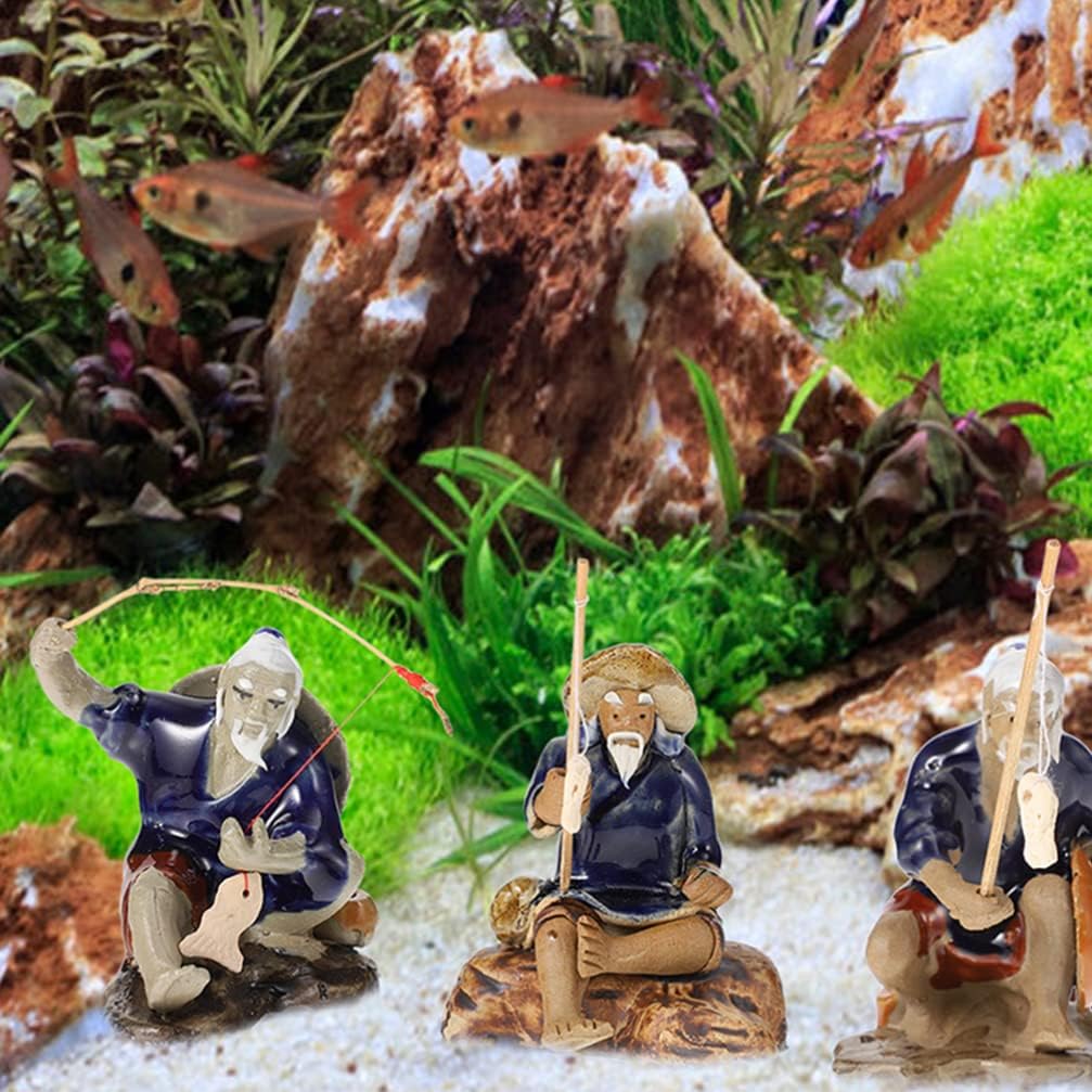 FOMIYES 2PCS Mini Fisherman Figurines Ceramics Bonsai Ornaments, Chinese Oldman Sitting Fishing Garden Statue for Fish Tank Micro Landscape Bonsai Decorations
