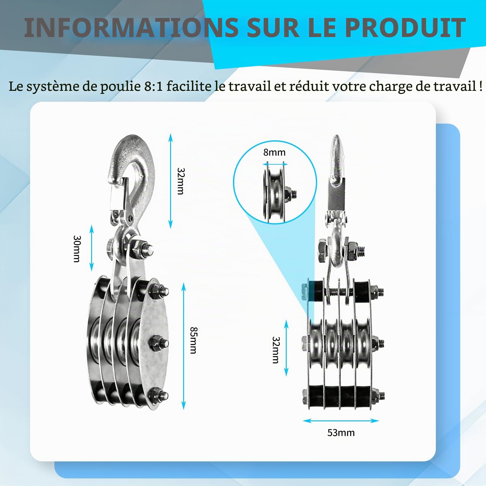 Palan à Poulie à Corde, Palan Manuel 8:1, Rotatif à 270°, Poulie de Levage avec Corde de Nylon Résistant de 20m, Levage 2,5m Système de Poulie pour Soulever Objets Lourds, Chasse, Garages