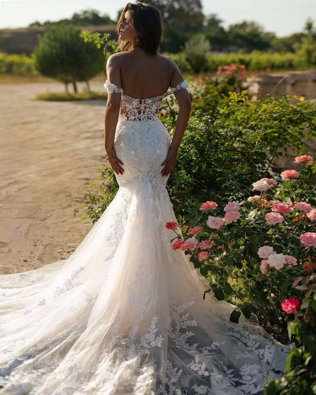 Zeeyecie Off Shoulder Tulle Wedding Dresses Mermaid Lace Applique V-Neck Bridal Gowns with Train for Brides - Image 2