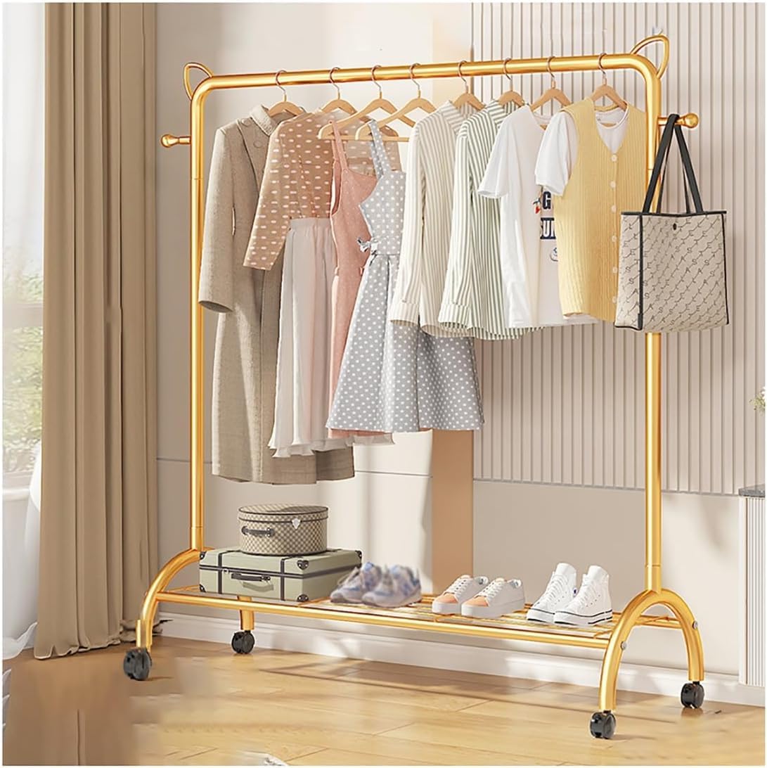MYUYEE Clothes Rack On Wheels Metal Coat Rack Freestanding For Home Bedroom With 2 Hooks And Open Shelves, Easy To Assemble(100Cm Gold-Gold)