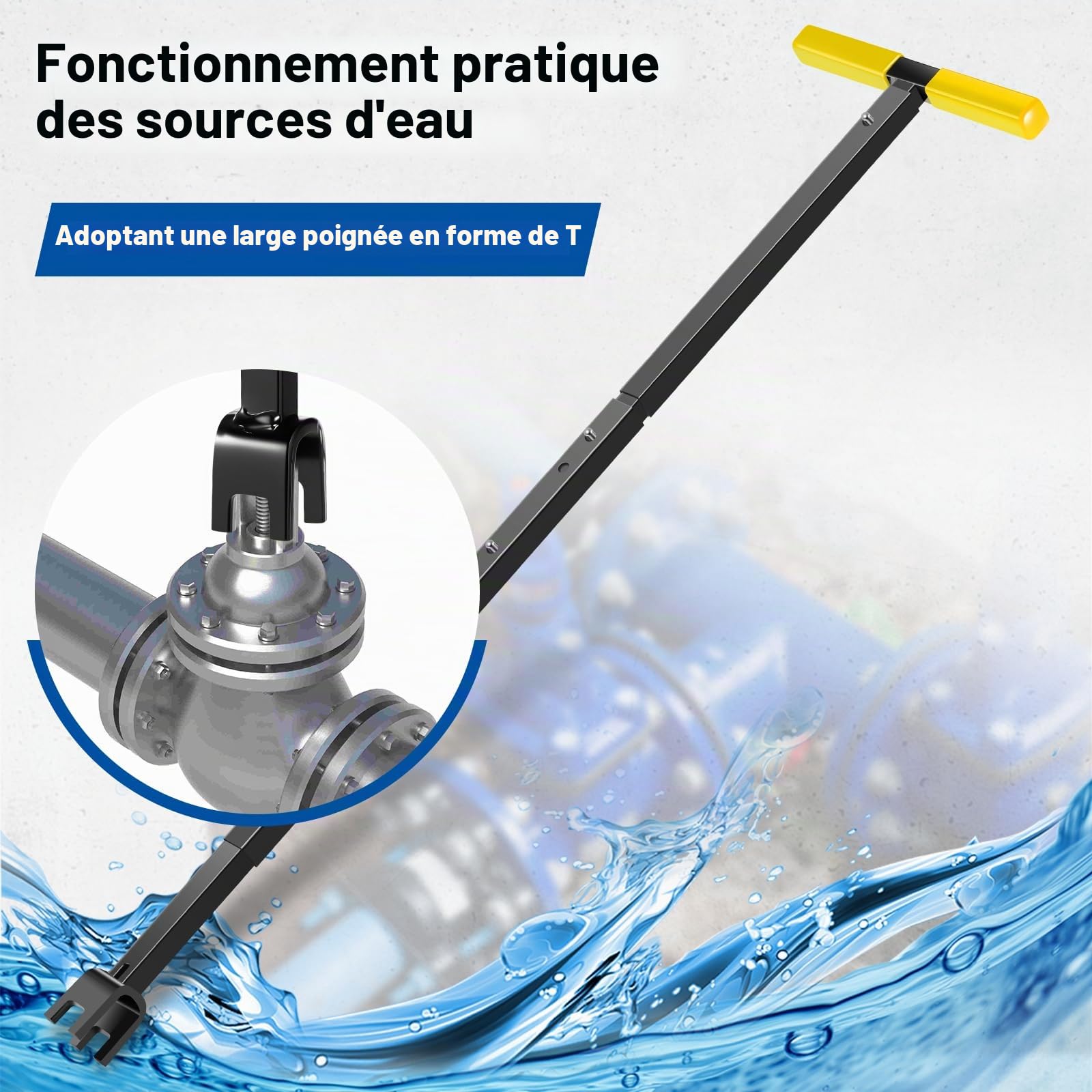 Clé de compteur d'eau avec outil 4 voies en acier au carbone en forme de T - 43 à 94 cm - Longueur réglable - Clé universelle pour l'entretien des conduites d'eau et des vannes - Jaune