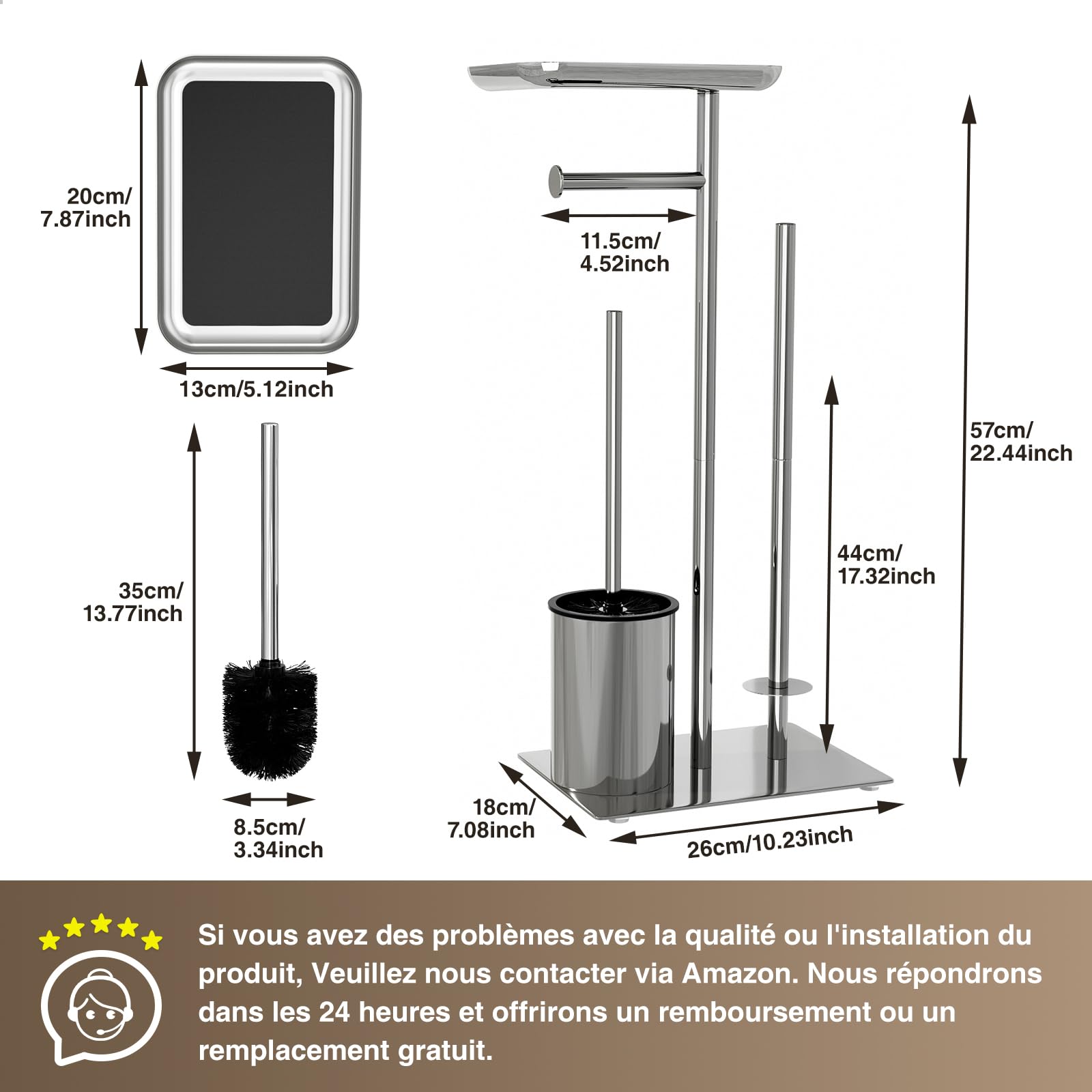 porte-papier papier et porte toilette debout argenté avec brosse WC
