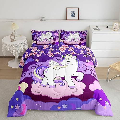 Miniatura 3 de Feelyou Juego de ropa de cama de unicornio para niñas, tamaño individual, juego de edredón de unicornio floreciente de cerezo para niños, estilo