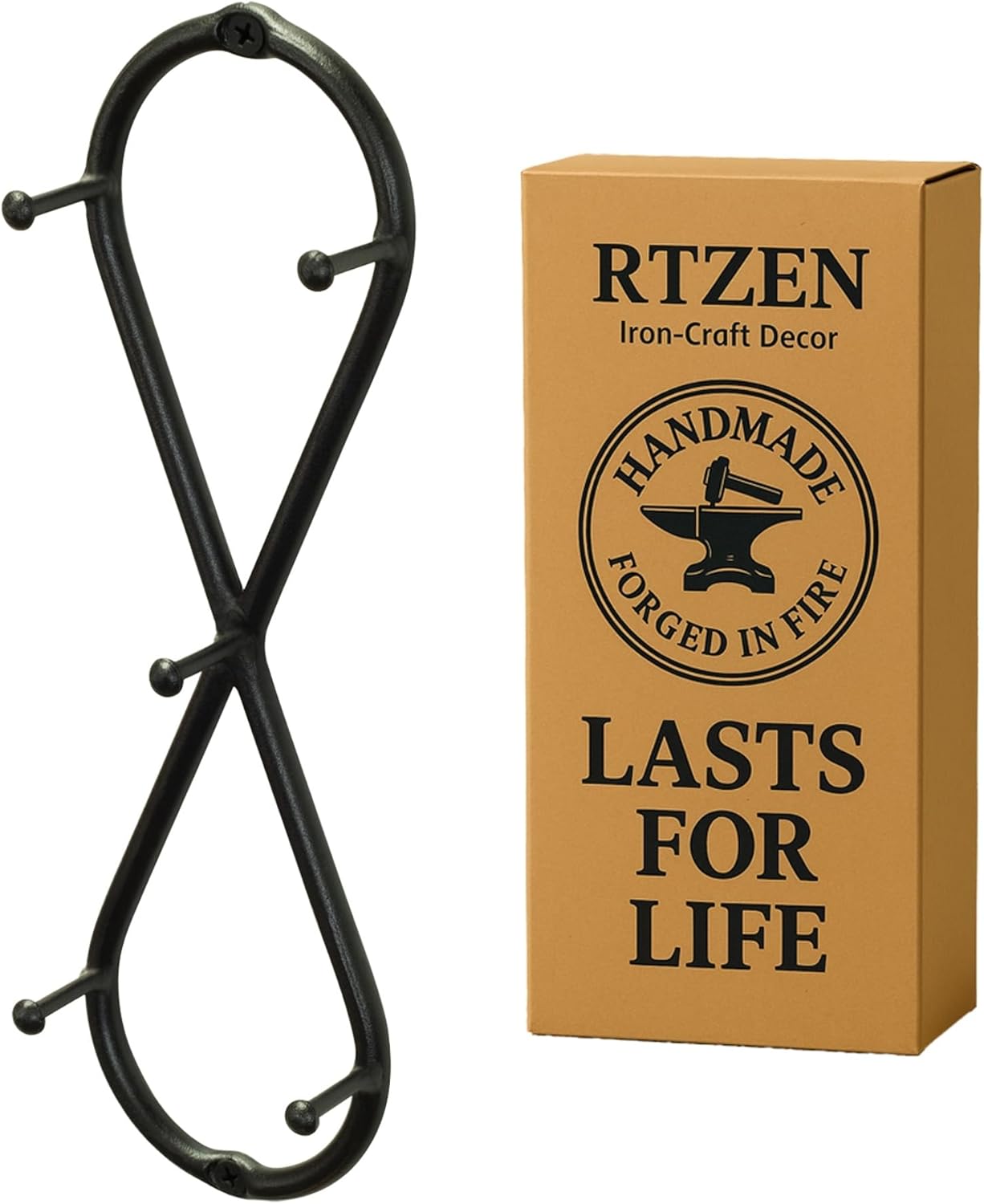RTZEN Farmhouse Small Key Holder for Wall - Handcrafted Swirl Decorative 5 Key Hooks for Home Entryway - Wrought Iron Wall Mount Rack Purse Coat and Leash Holder or Organizer (Infinity Black)