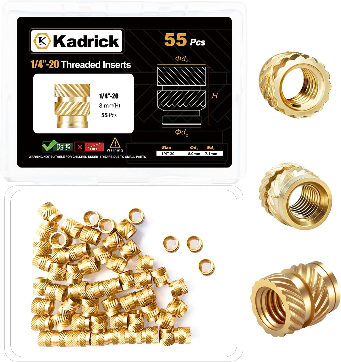 55 Pcs 1/4''-20 Threaded Inserts for Plastic,1/4''x8mmx8mm Heat Set Inserts Kit,Brass Inserts for 3D Pringting