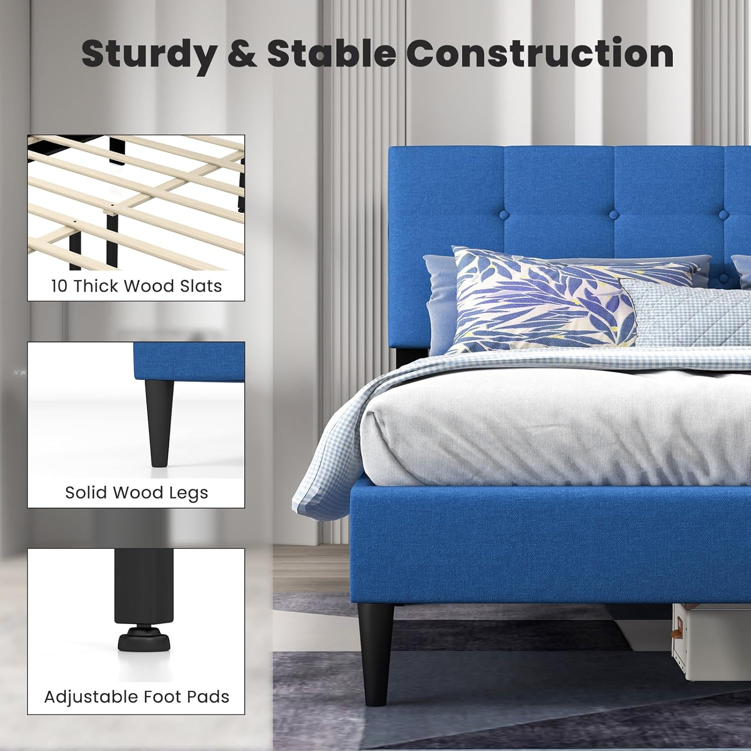 Giantex Queen Size Platform Bed Frame with Button Tufted Headboard and Wooden Slats, Modern Fabric Linen Upholstered Mattress Foundation, No Box Spring Needed, Easy Assembly, Navy Blue