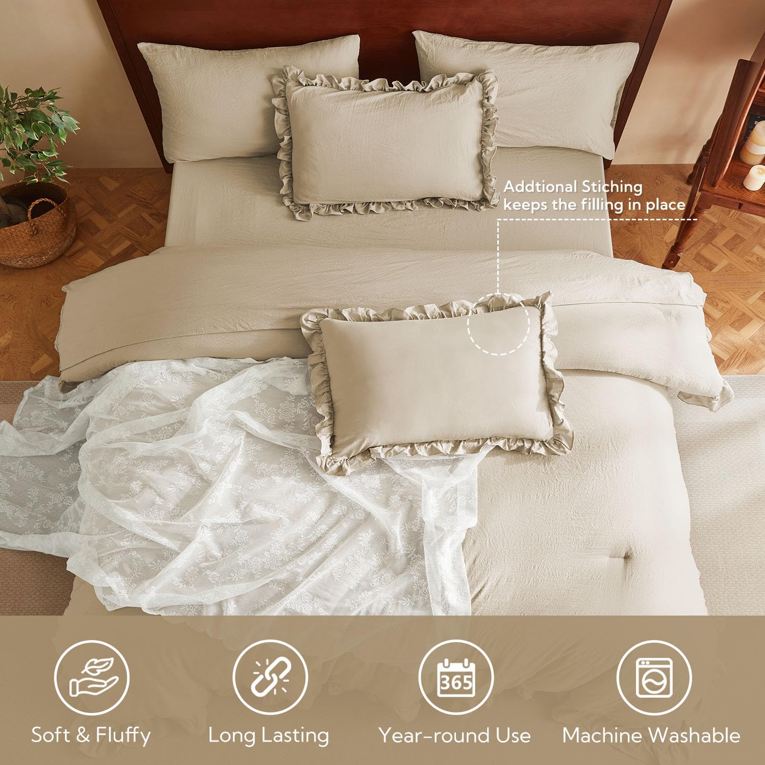 MR&HM Queen Comforter Set Linen, Comforter Set 7 Pieces for Girls Women, Shabby Chic Vintage Cottagecore Bed Sets Elegance Boho Bed in a Bag, Ultra-Soft & Fluffy Comforter for All Season - Image 4