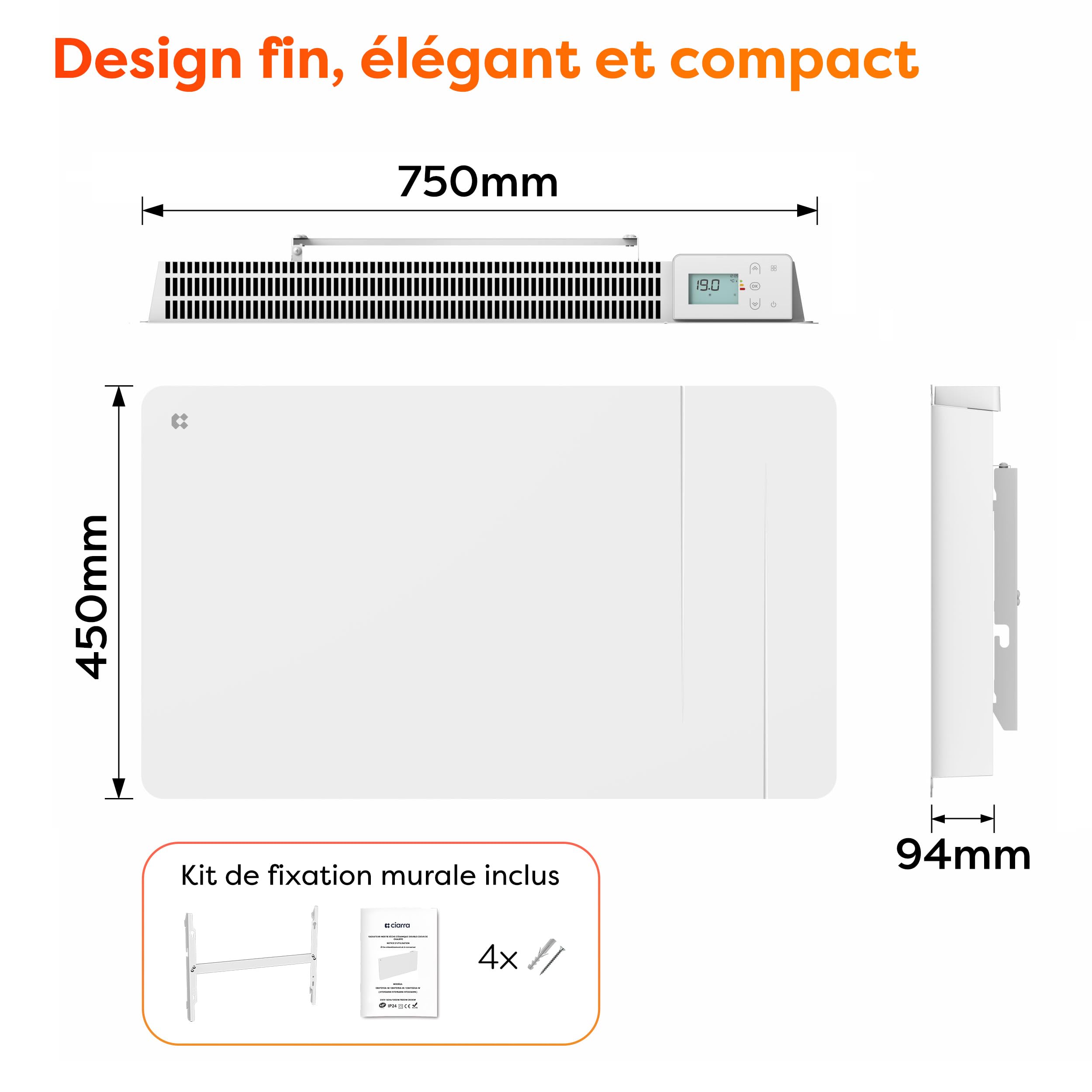 CIARRA Radiateur Céramique et Film Chauffant 1500W - WiFi Chauffage Mural Intelligent PID pour Salon/Salle de Bain (10-20㎡) - Chaleur Homogène - Anti-Gel - CBHTD15A-W