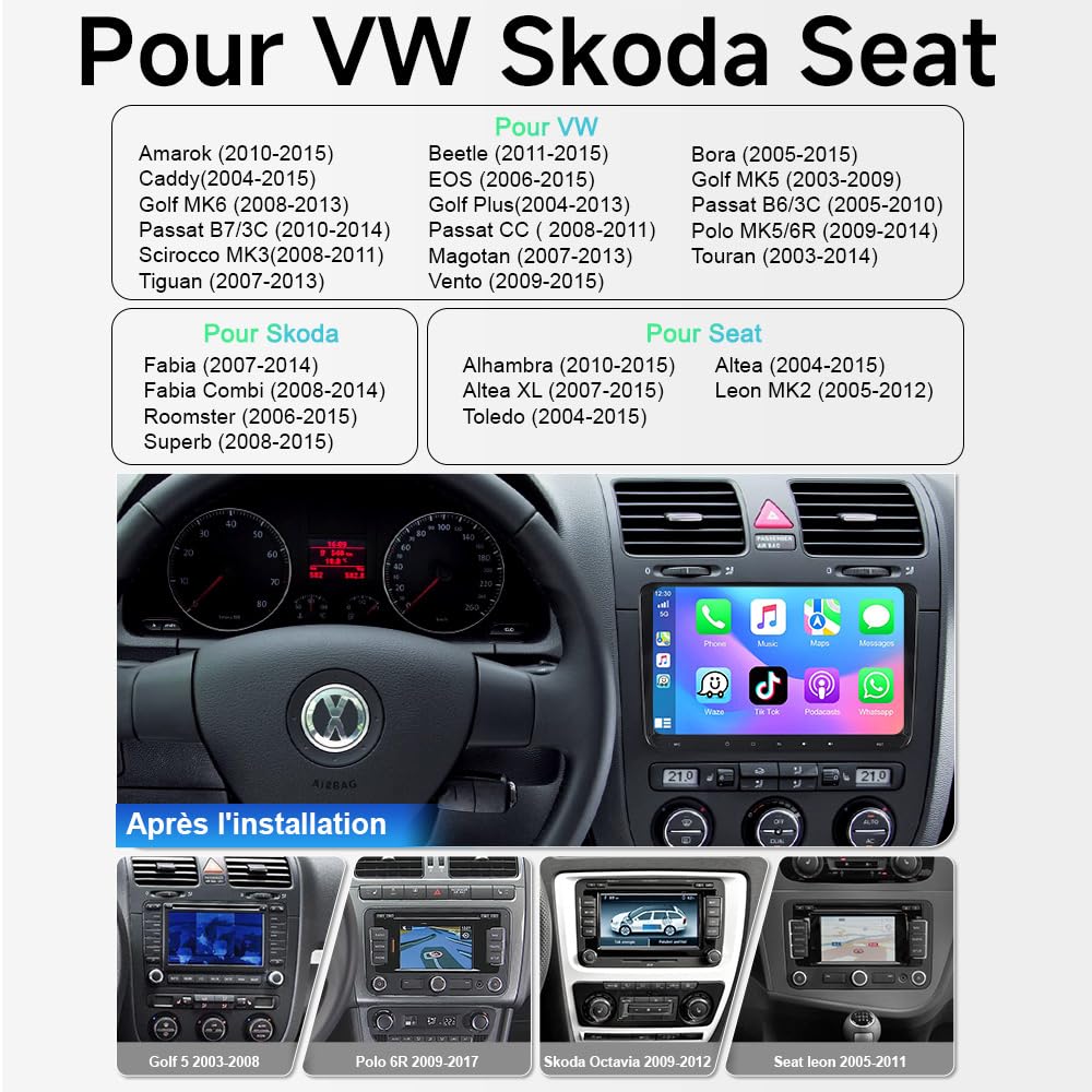 4+64GB Android 15 Autoradio pour VW Golf 5 6, Passat B6 B7, Polo 5/6R, Tiguan, Touran, 8 cœurs, 9" IPS HD 1280x800, CarPlay & Android Auto, GPS, Bluetooth 5.4, WiFi 6.0, Écran Tactile, DSP