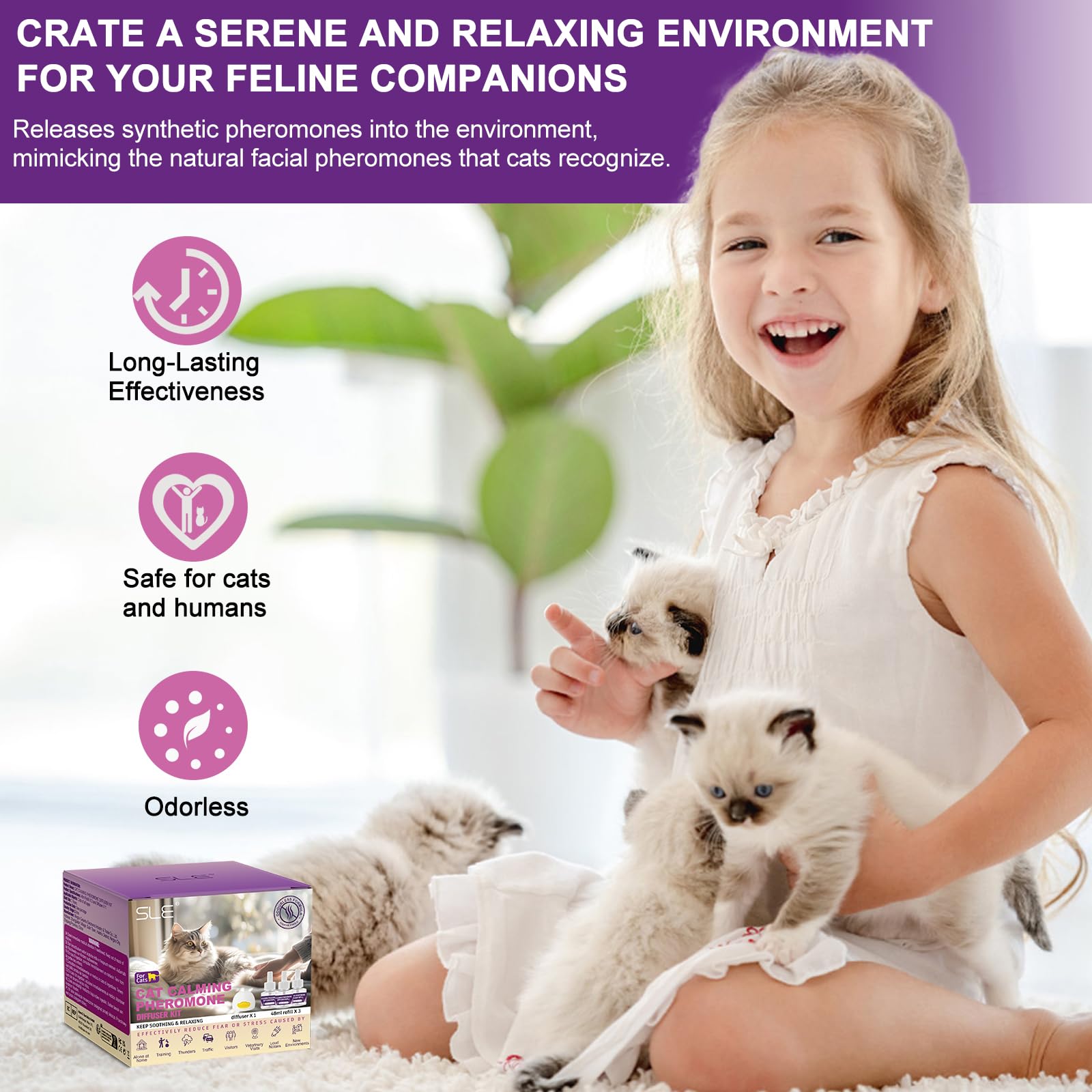 SLE Cat Pheromones Calming Diffuser: 1 Cat Calming Diffusers & 3 Refills, Relieve Anxiety Stress Reduce Spraying Fighting and Scratching Fits All Cats & Kittens - image 3