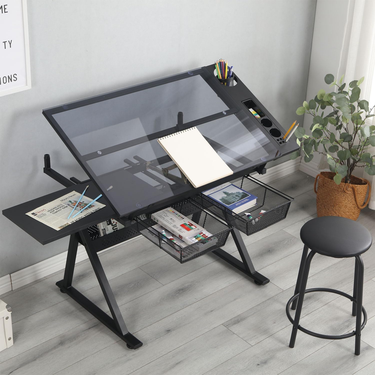 Adjustable Glass Drafting Table Desk with Stool, Tempered Glass Art Desk 5mm with Tilt Top 0–75°, Height Adjustable Drawing Table with 2 Metal Drawers and Side Tray for Studio Office School,Bl