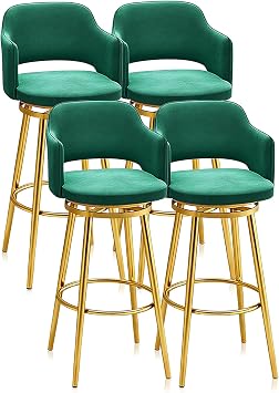 Counter Height Bar Stools with Back, Modern Upholstered Bar Chairs with Ergonomic Backrest & Footrest, Breakfast Chair for Kitchen Island & Home BarGreen Gold,4 PCS 75cm