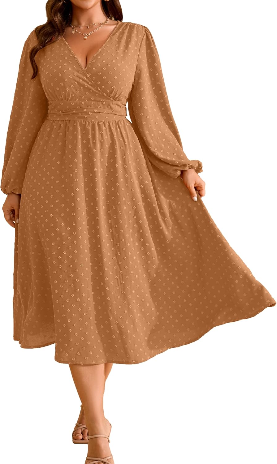 RWJ Women's Plus Size Fall Wedding Guest Dress Wrap V Neck Swiss Dot Lantern Long Sleeve Swing Boho Casual Dresses
