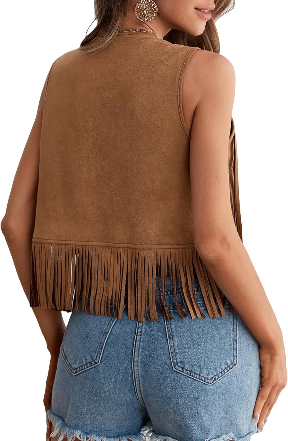 GORGLITTER Women's Tassel Fringe Sleeveless Vest Suede 70s Hippie Cowgirl Country Concert Western Jacket Outfits - Image 2