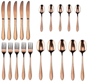 WHISKET Mirror Finish Rose Gold Plated Stainless Steel Flatware Set, Copper Silverware Set, Copper Color Cutlery Sets,[Dinner Fork-Tea Spoon-Salad Spoon-Knife] (Rose Gold, 32)
