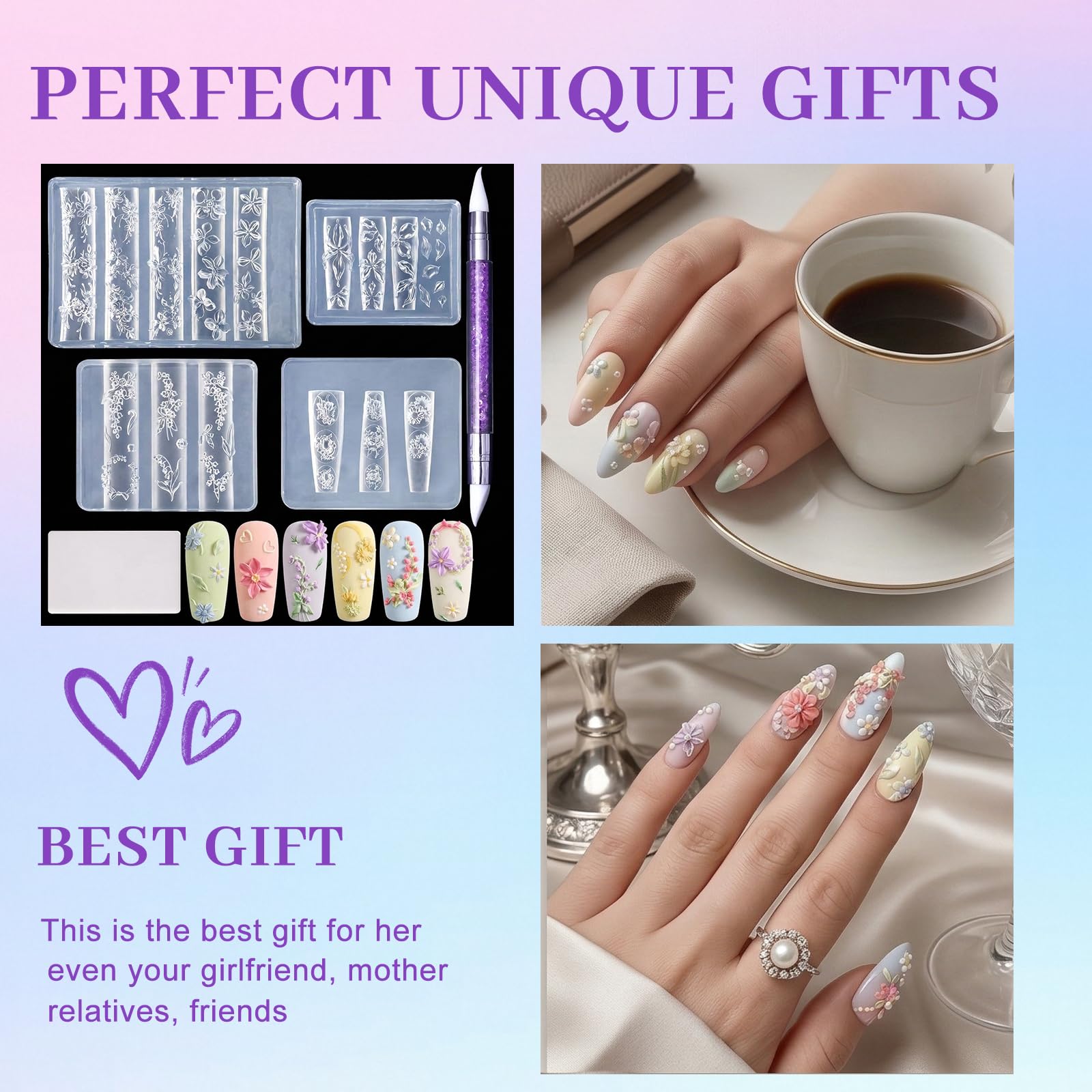 Nails Mold, set da 4 pezzi di timbri per unghie per disegno nail art con stampi in silicone 3D con fiori, stamping templates per unghie