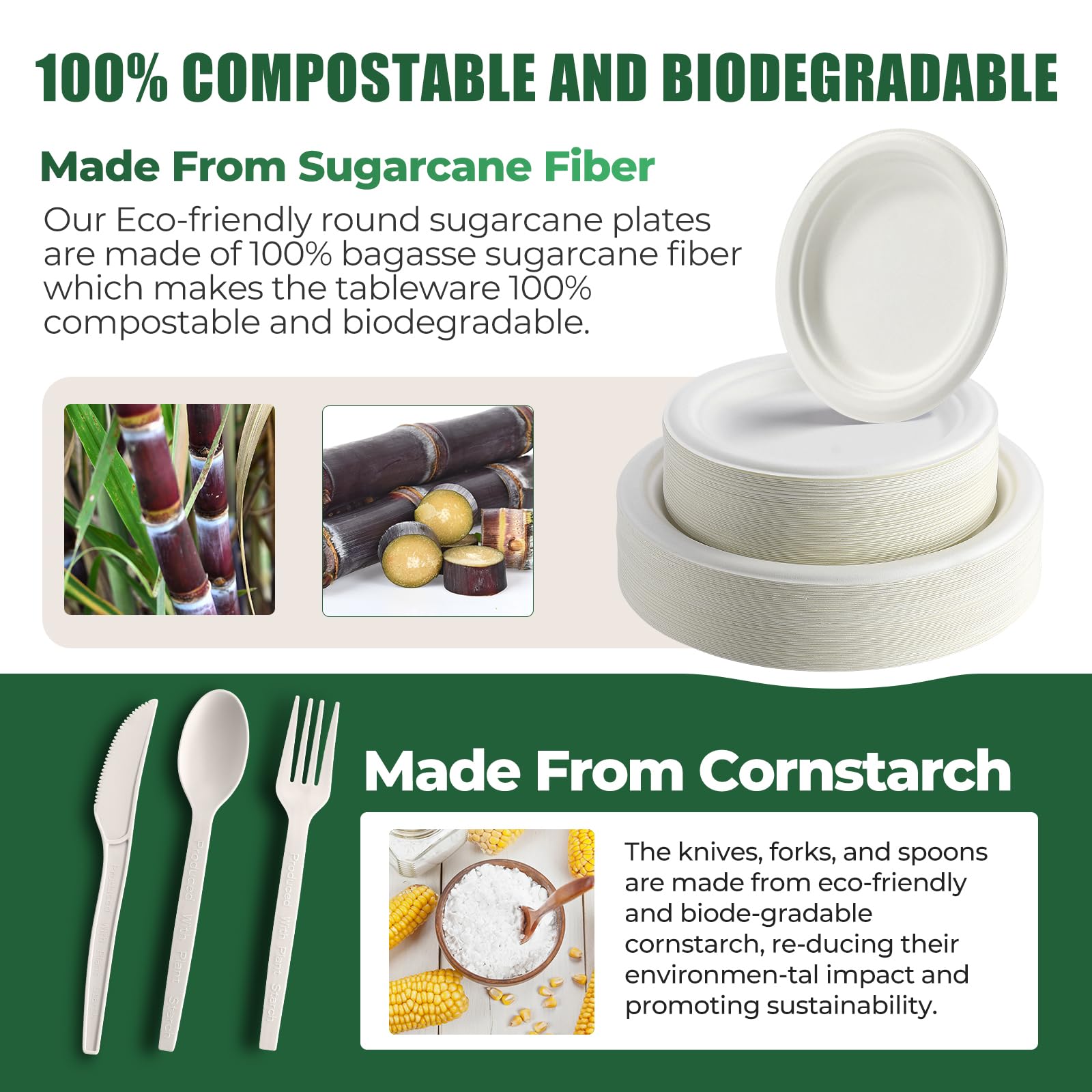 250 Pcs Biodegradable Paper Plates Set Disposable Dinnerware Set, Eco Friendly Compostable (EXTRA LONG UTENSILS), Utensil include, Forks, Knives and Spoons for Party andBirthday party, camping 1
