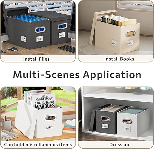 Miniatura 2 de Caja organizadora de archivos con tapa, juego de 2 cajas de archivos colgantes portátiles, cajas de almacenamiento plegables de lino decorativas