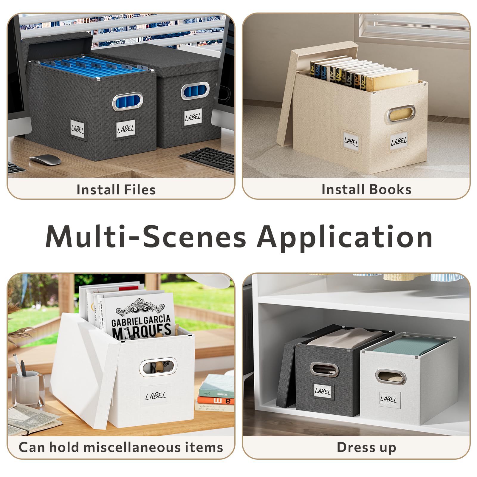 Caja organizadora de archivos con tapa, juego de 2 cajas de archivos colgantes portátiles, cajas de almacenamiento plegables de lino decorativas para oficina y hogar (blanco, 14 x 9.3 x 10.9