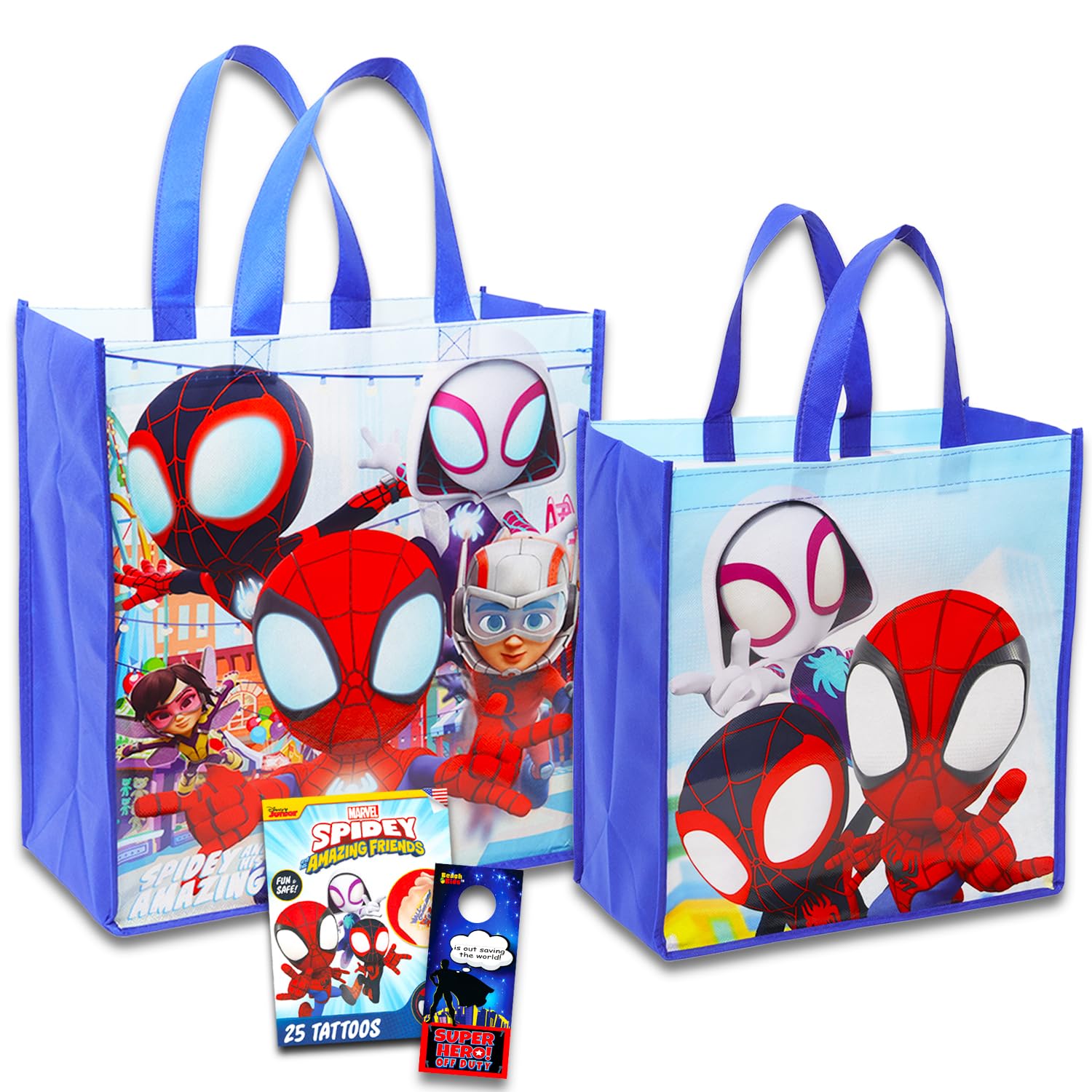 Spidey and His Amazing Friends Tote Bags for Kids, Adults - Bundle with 2 Spidey and Friends Tote Bags Plus Tattoos, More | Spiderman Reusable Totes