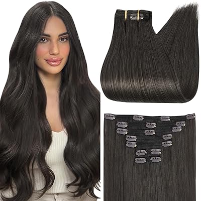 Full Shine 24 Inch Clip on Hair Extensions for Women Natural Black Tea Real Hair Clip in Extensions Brunette Hair Extensions 120g 7 Pcs