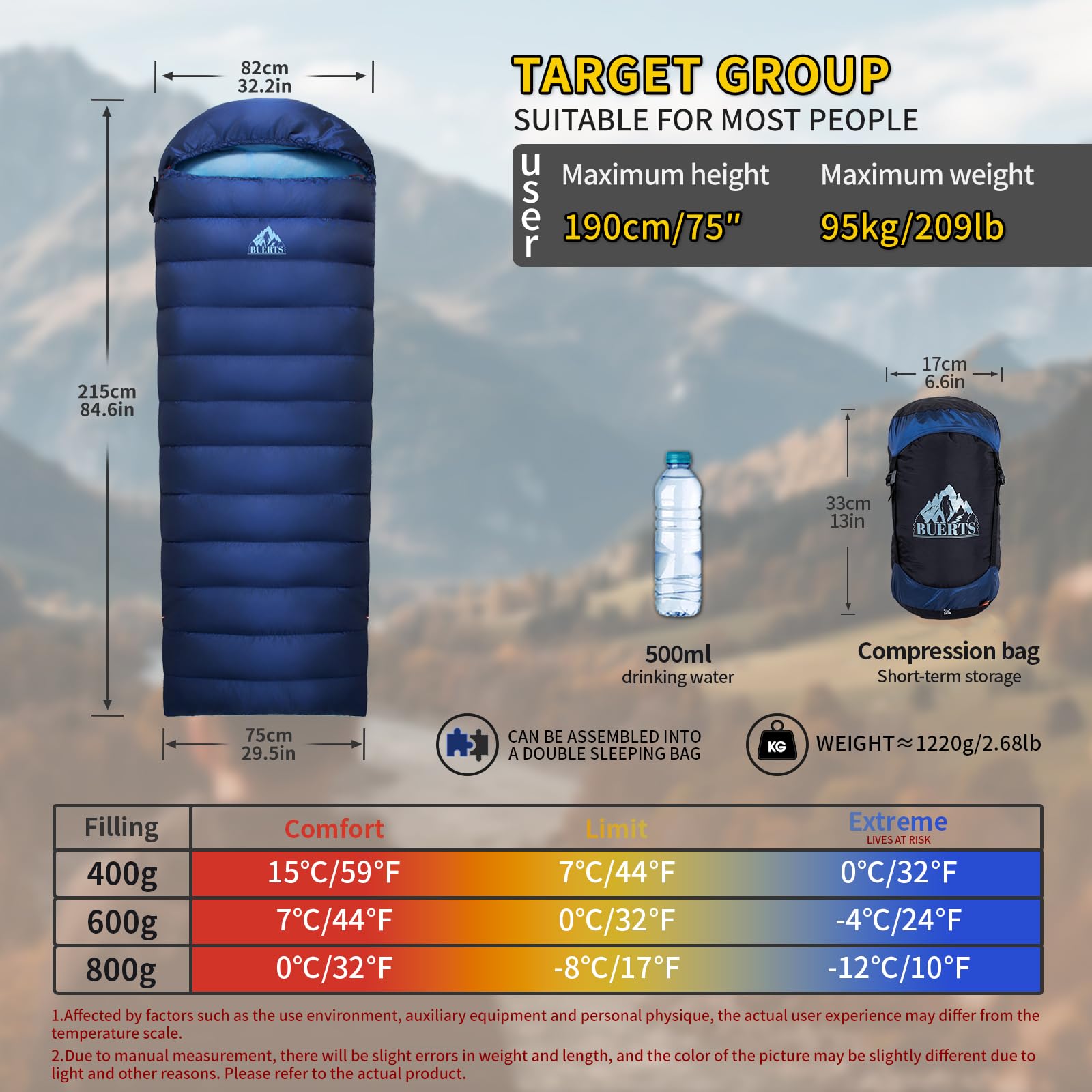 Saco de Dormir de plumón es Ultraligero y portátil para Uso en 3 Estaciones por Parte de Adultos, Ideal para Practicar Senderismo, mochilerismo y Acampada.