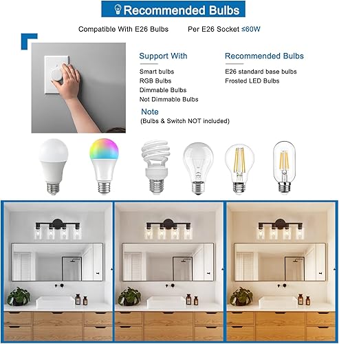 Miniatura 7 de Lámpara de tocador de baño de 4 luces, lámparas de baño negro mate con pantalla de vidrio transparente, 4 luces de tocador, accesorios de