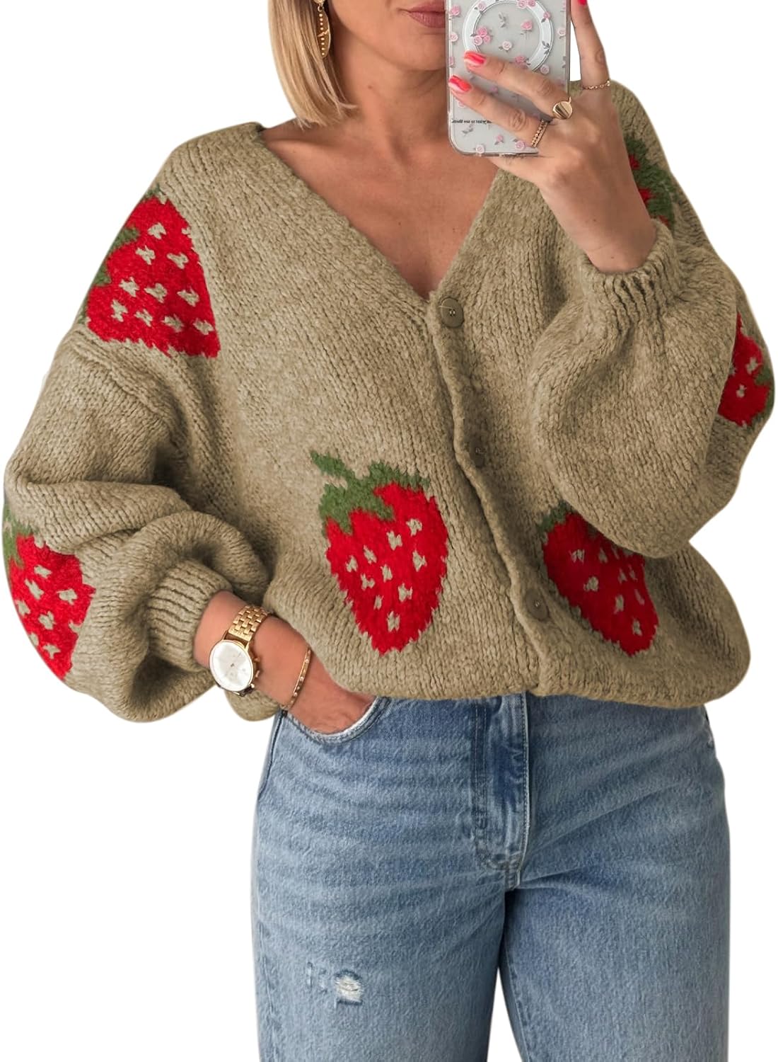 Women's Cropped Knit Cardigan Long Sleeve Strawberry Print Open Front Button Closure Winter Casual Jacket Sweater