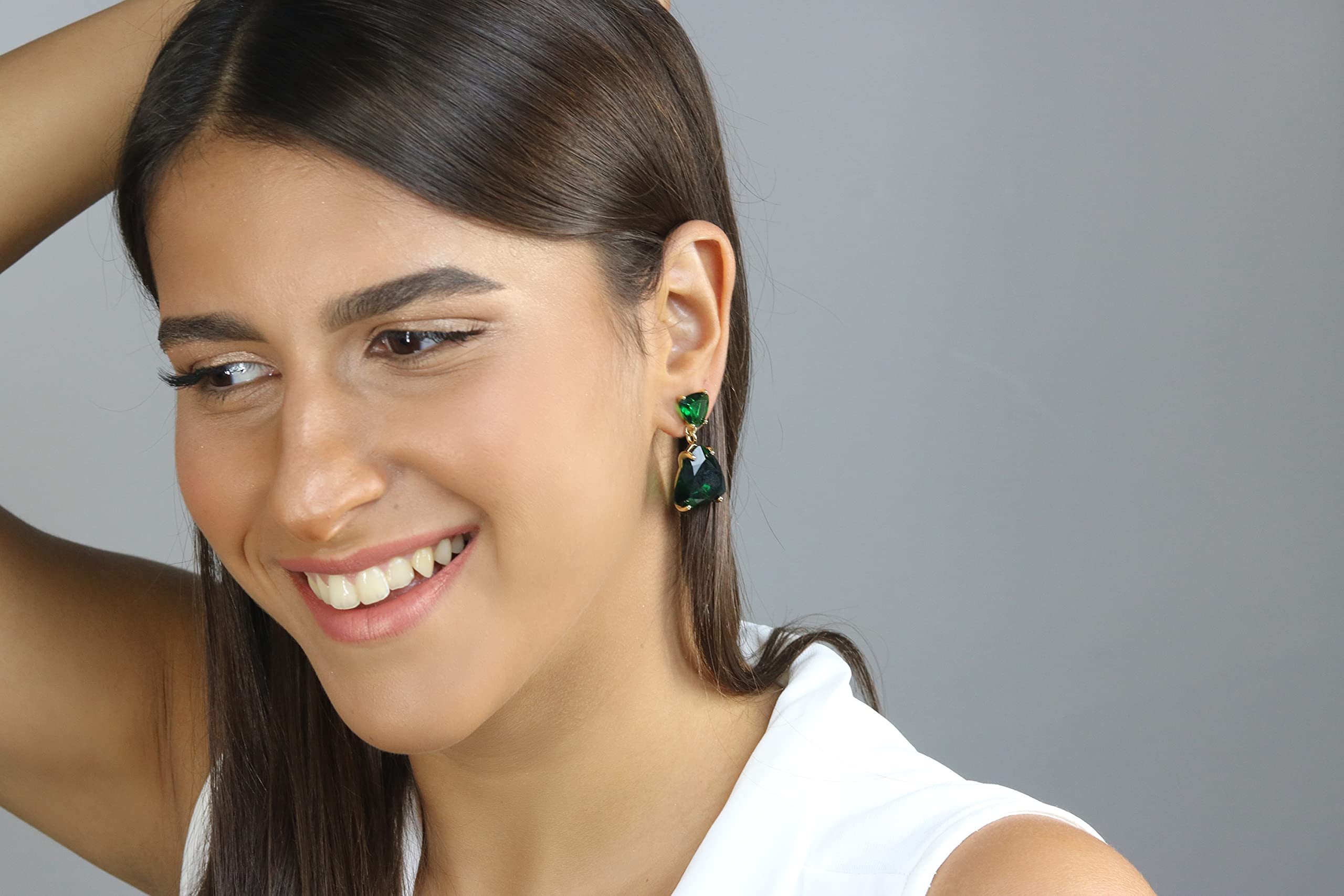 Pendientes de Esmeralda de Doble Piedra - Pendientes Colgantes de Oro 14k - Pendientes de Boda, Pendientes de Fiesta, Pendientes de Moda - Pendientes Personalizados de Corte Trillón para Ella