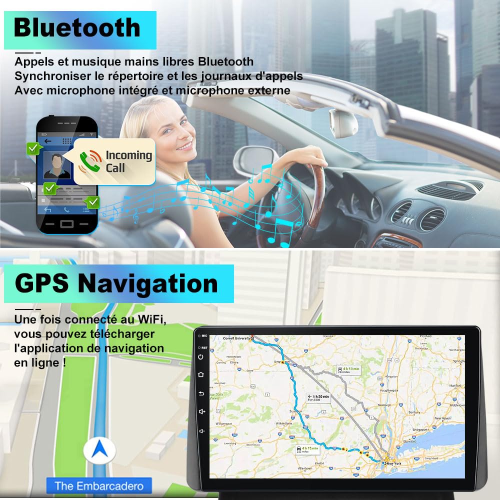AWESAFE Autoradio pour Renault Clio 2 2000-2012/Clio Campus, 9 Pouces Écran Tactile 2Go+64Go avec CarPlay & Android Auto sans Fil, GPS WiFi Bluetooth FM/RDS DSP, Commandes au Volant