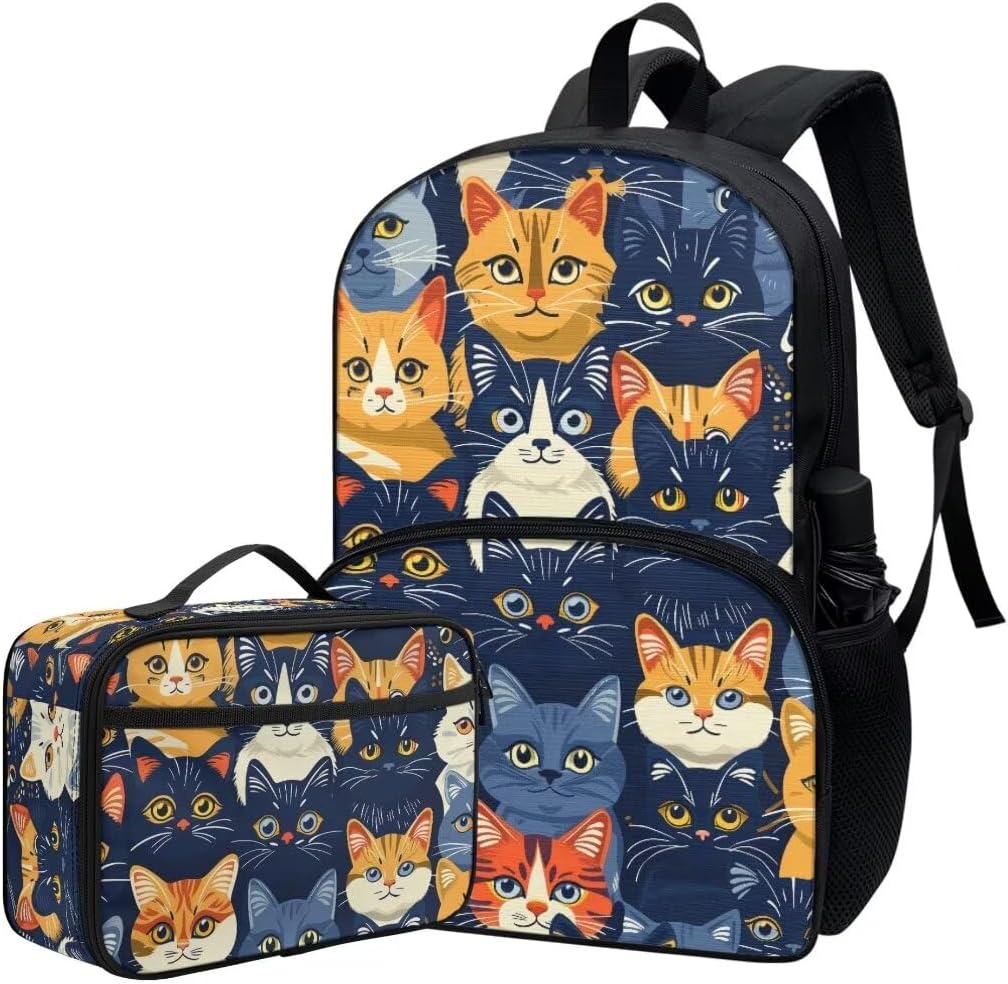 Boys Girls Lovely Cat Backpack with Lunch Box Animal Print Student Bookbag Kids Adjustable Padded Straps Comfy Lightweight Black Elementary School Backpack And Lunch Bag Set 17 Inch