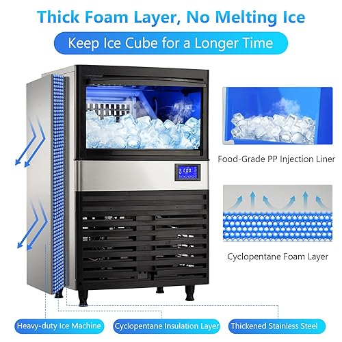 Miniatura 6 de Máquina de hielo comercial de 110 libras24 horas, máquina de hielo de acero inoxidable con capacidad de almacenamiento de hielo de 27 libras,