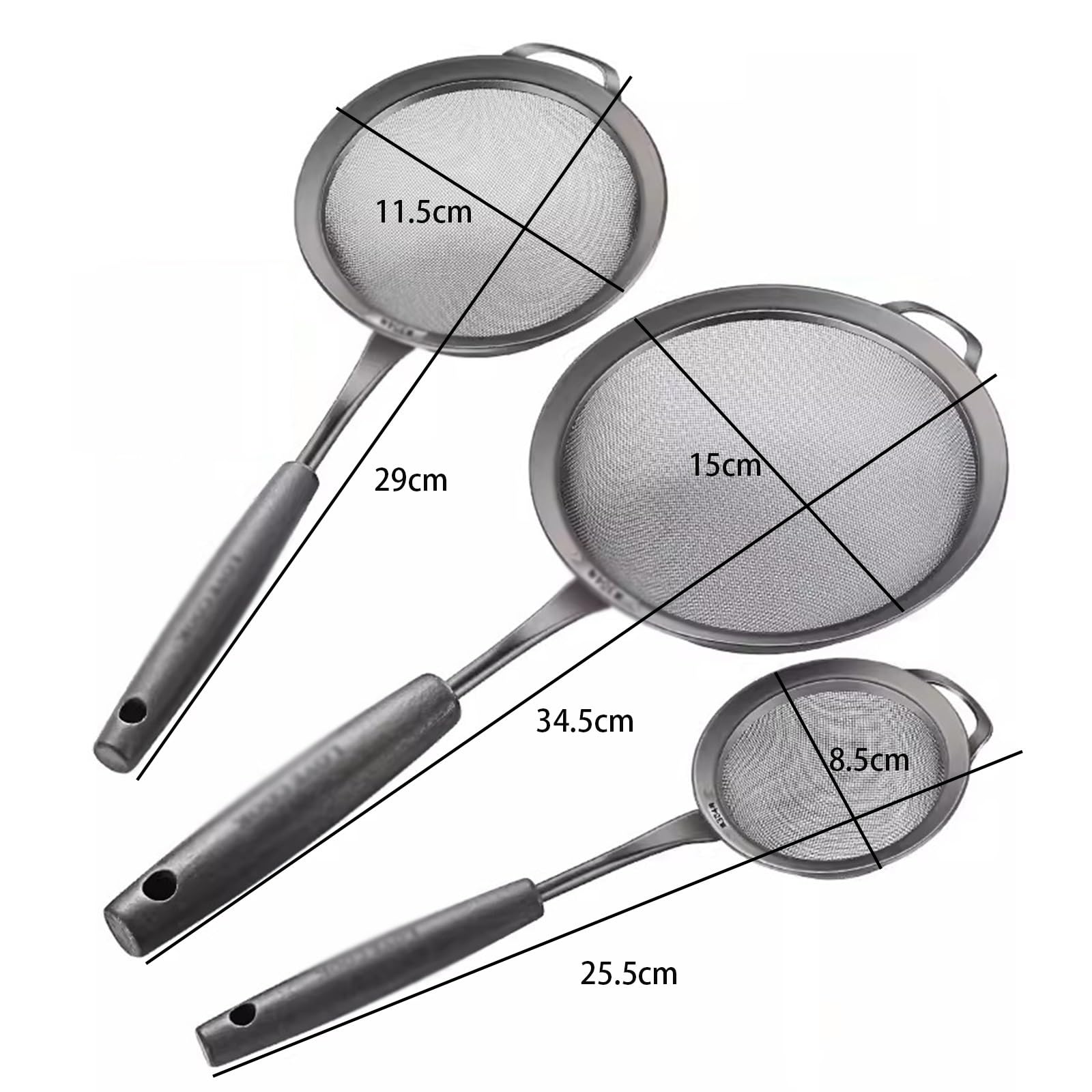 Edelstahl Seiher Sieb, Siebsieb 3er Set (8,5/11,5/15cm) Küchensieb mit verstärktem Griff zum Sieben und Abtropfen