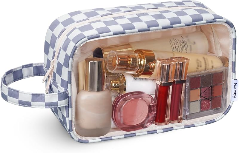 Necessaire transparente Narwey para cosméticos e itens de viagem, Y-Grayish Blue Checkerboard
