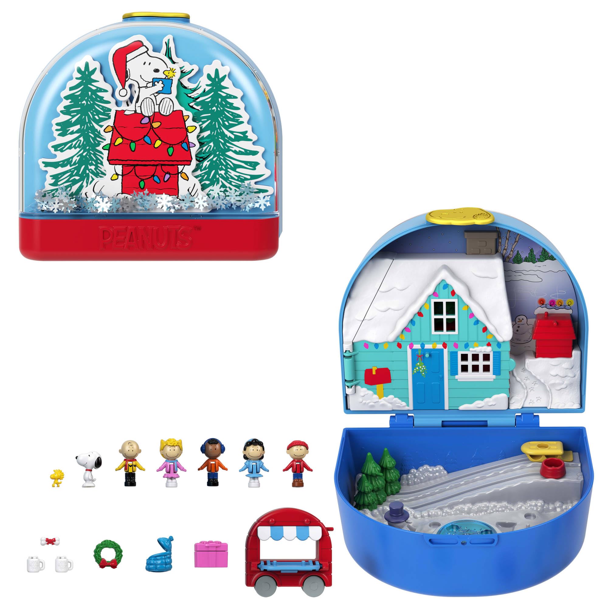 Polly Pocket x Peanuts - Cofanetto da collezione, set con 2 micro bambole Snoopy e Woodstock, 4 luoghi iconici e 7 accessori a tema inclusi, giocattolo per bambini, 4+ anni, JFV05