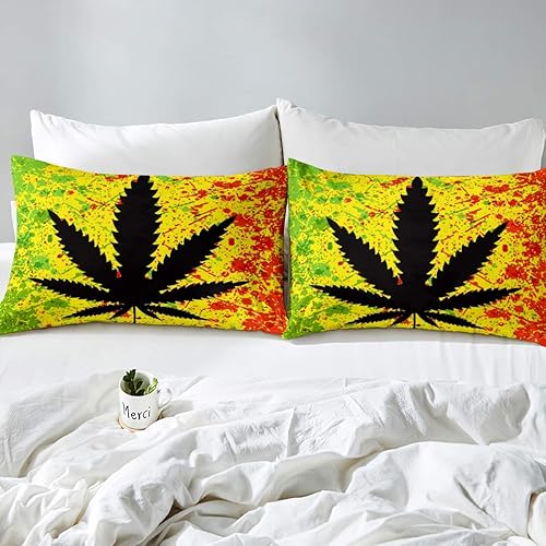 Miniatura 9 de Juego de ropa de cama de marihuana con hojas de cannabis, juego de funda de edredón de color rojo, verde y amarillo, funda de edredón de cáñamo