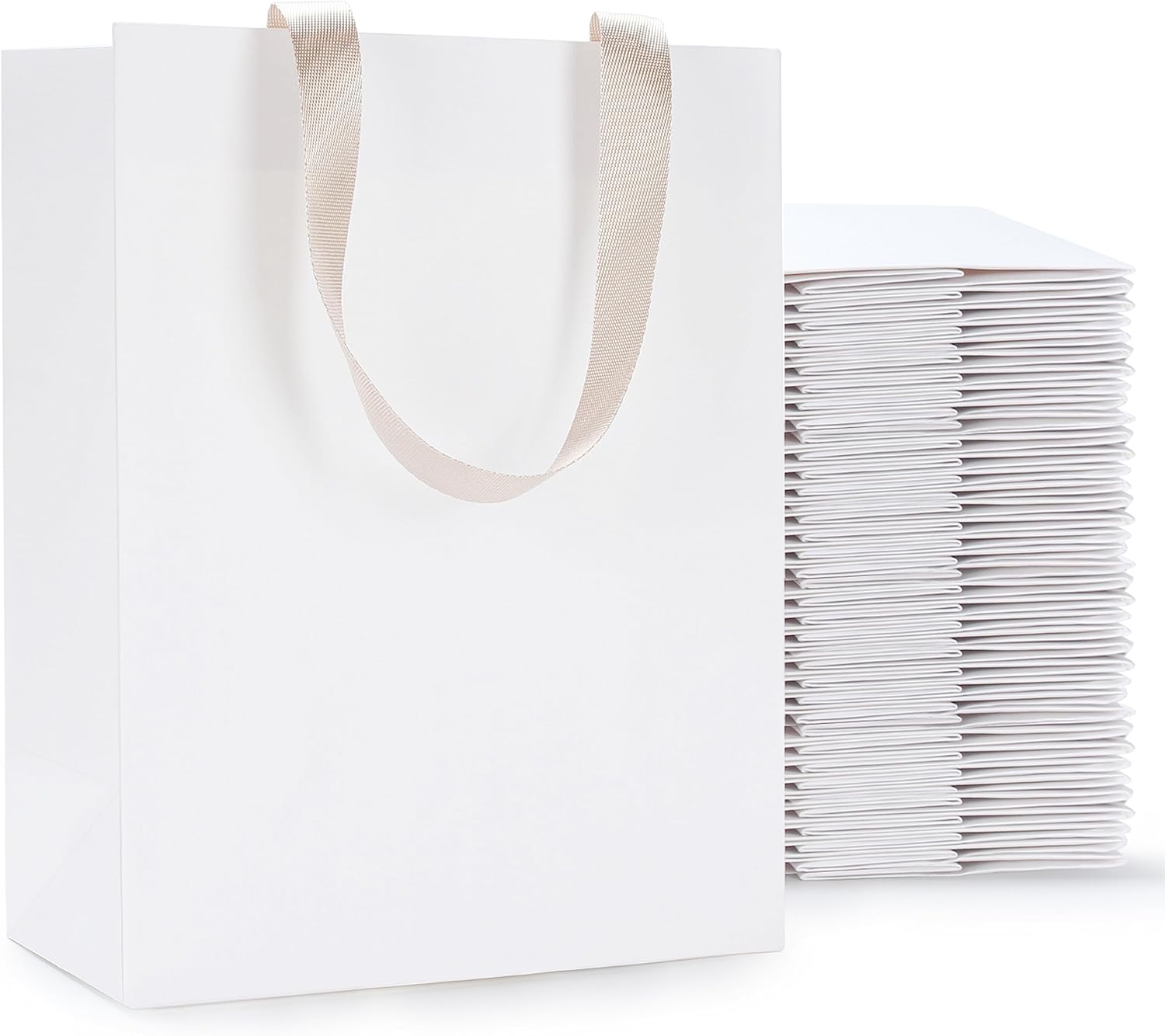 40pcs Medium Size White Paper Gift Bags with Ribbon Handles - Bulk Wedding & Party Bags