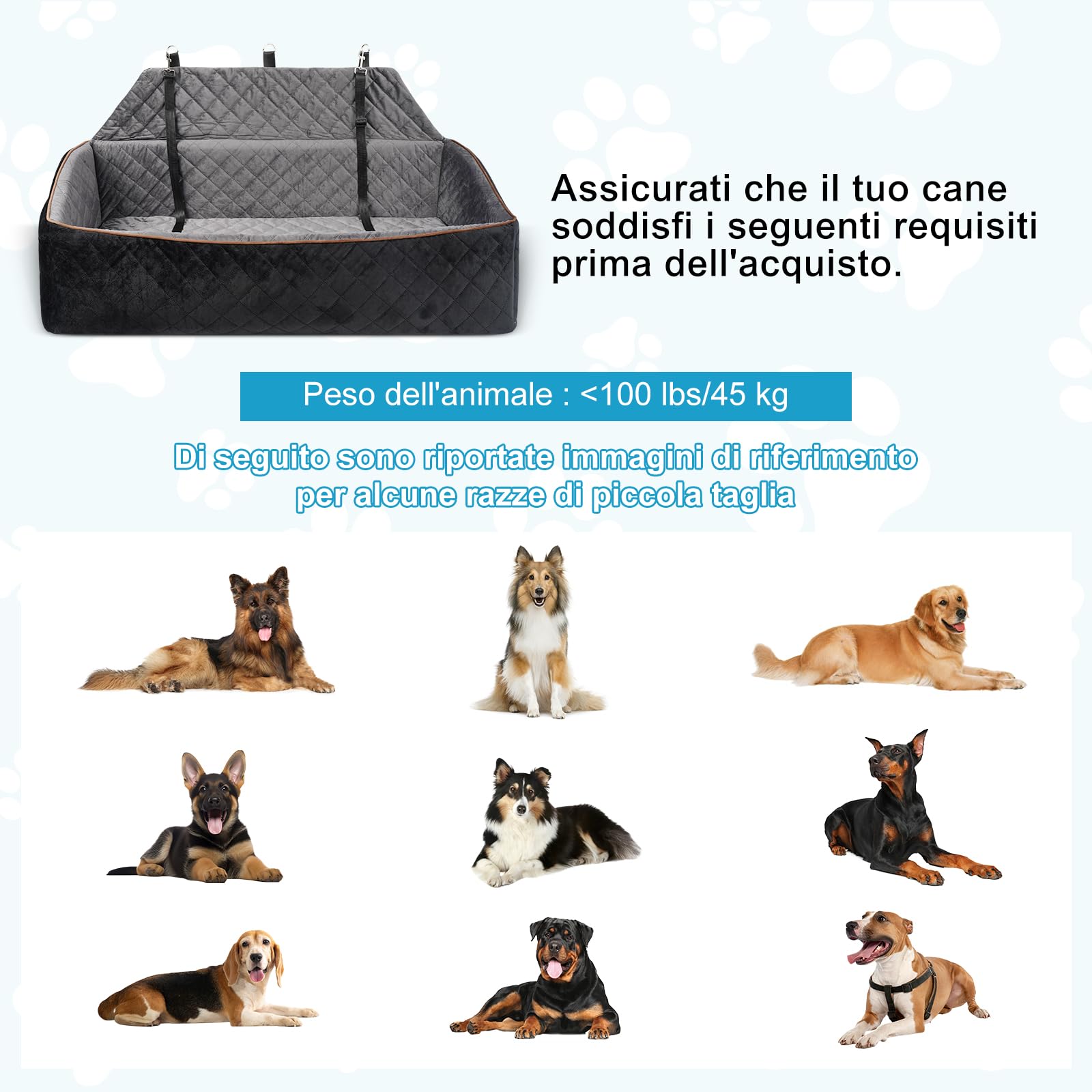 Seggiolino Auto per Cani per Cani Grandi/Medi fino a 45 kg - Seggiolino Auto Cane Rimovibile e Lavabile, Trasportabile con Guinzaglio e Base Antiscivolo per Sedile Posteriore