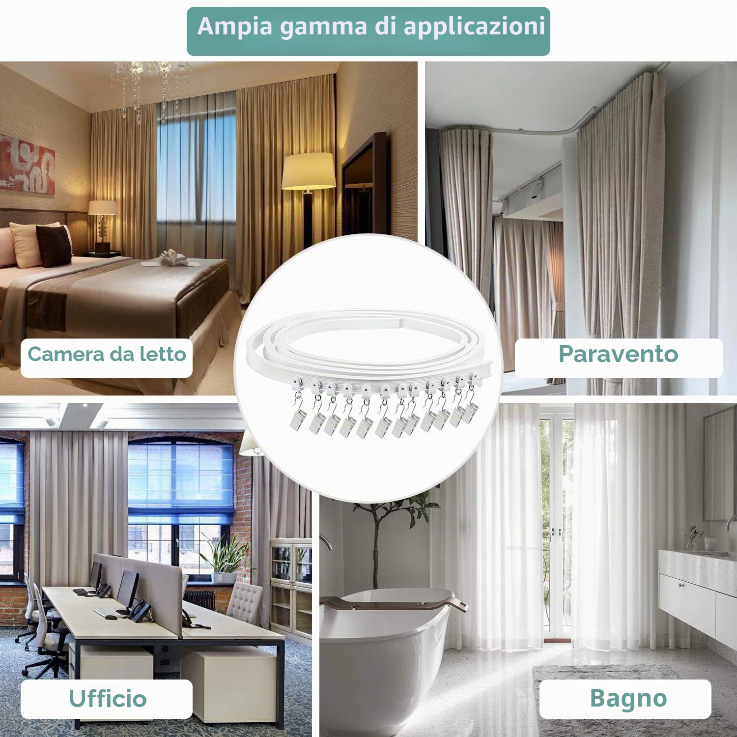 Binario pieghevole per tenda da soffitto, per finestra a golfo, 6 m, flessibile, curvo, montaggio a soffitto, montaggio a parete, in plastica resistente, sistema di binario per tende per divisorio,