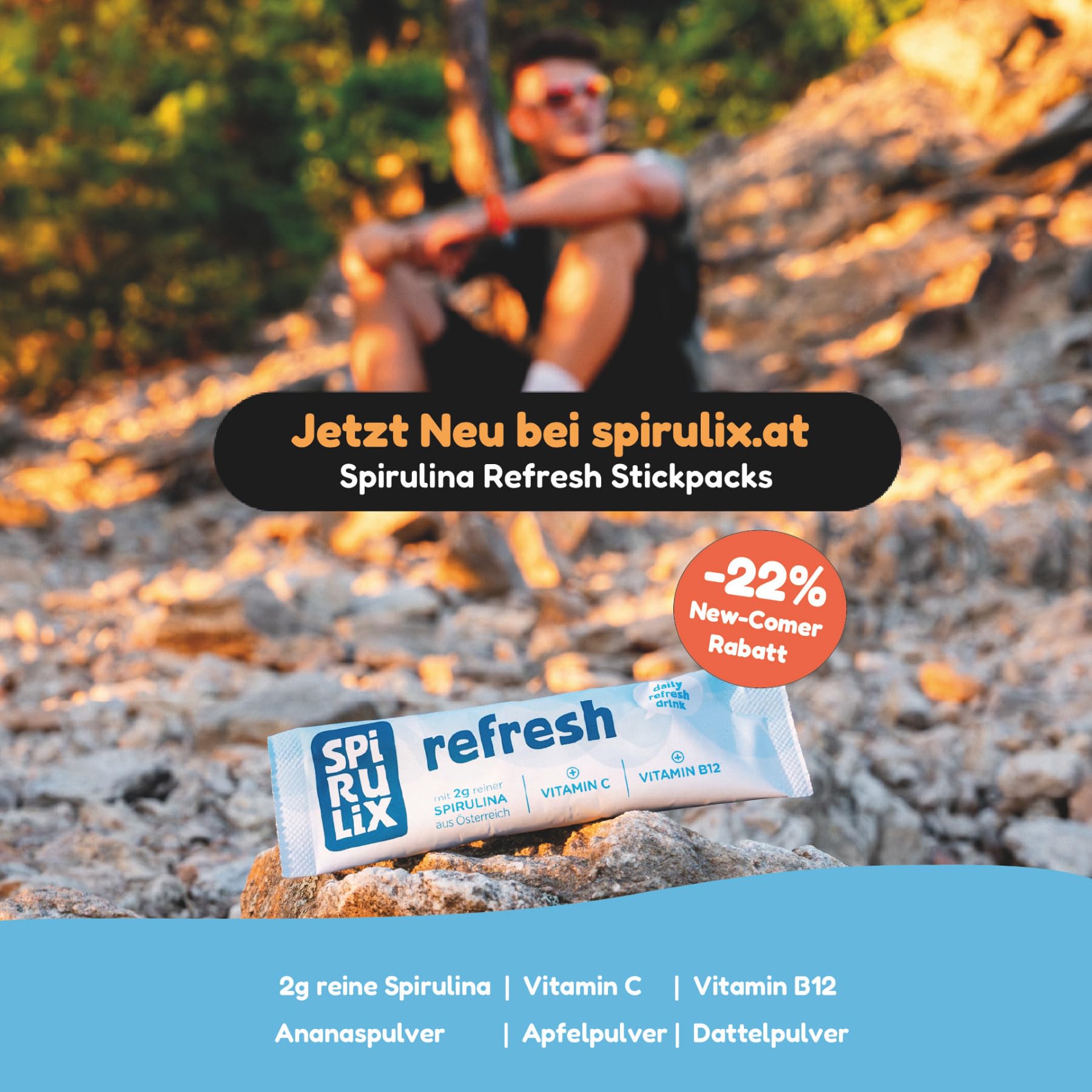 Spirulina Refresh Stickpacks 30 Sticks, Superfood-Drink mit Vitamin C & Vitamin B12, Spirulina aus Österreich, Vegan, Natürlicher Energie-Boost, Ananas-Apfel Geschmack