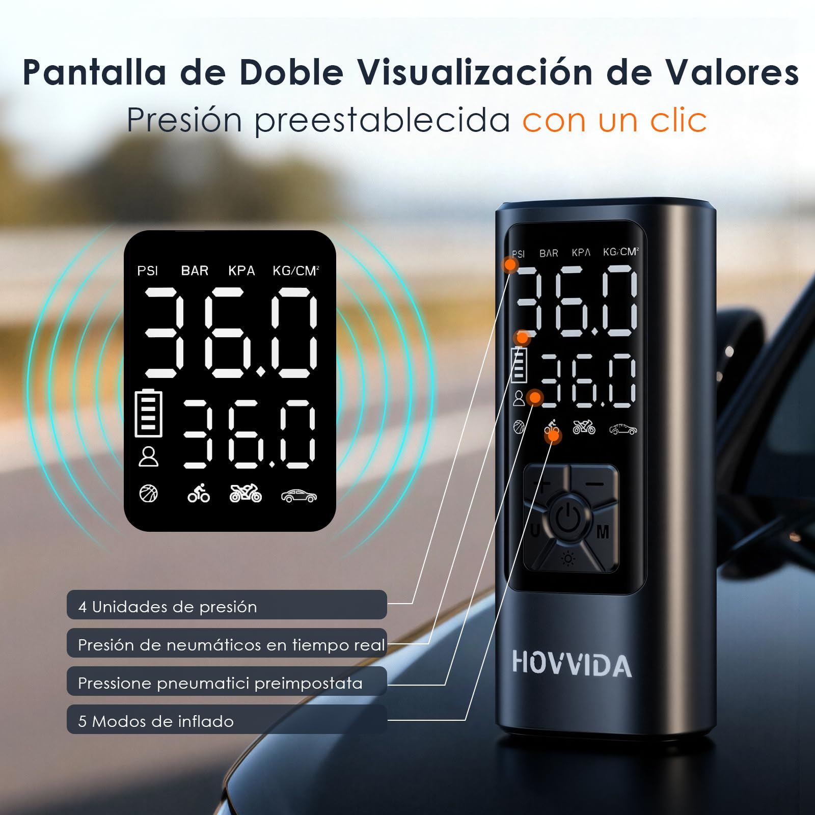 HOVVIDA Compresor Aire Portatil 150 PSI 10,3 Bar 5V Inflador Ruedas Coche Bicicleta Batería Recargable LED