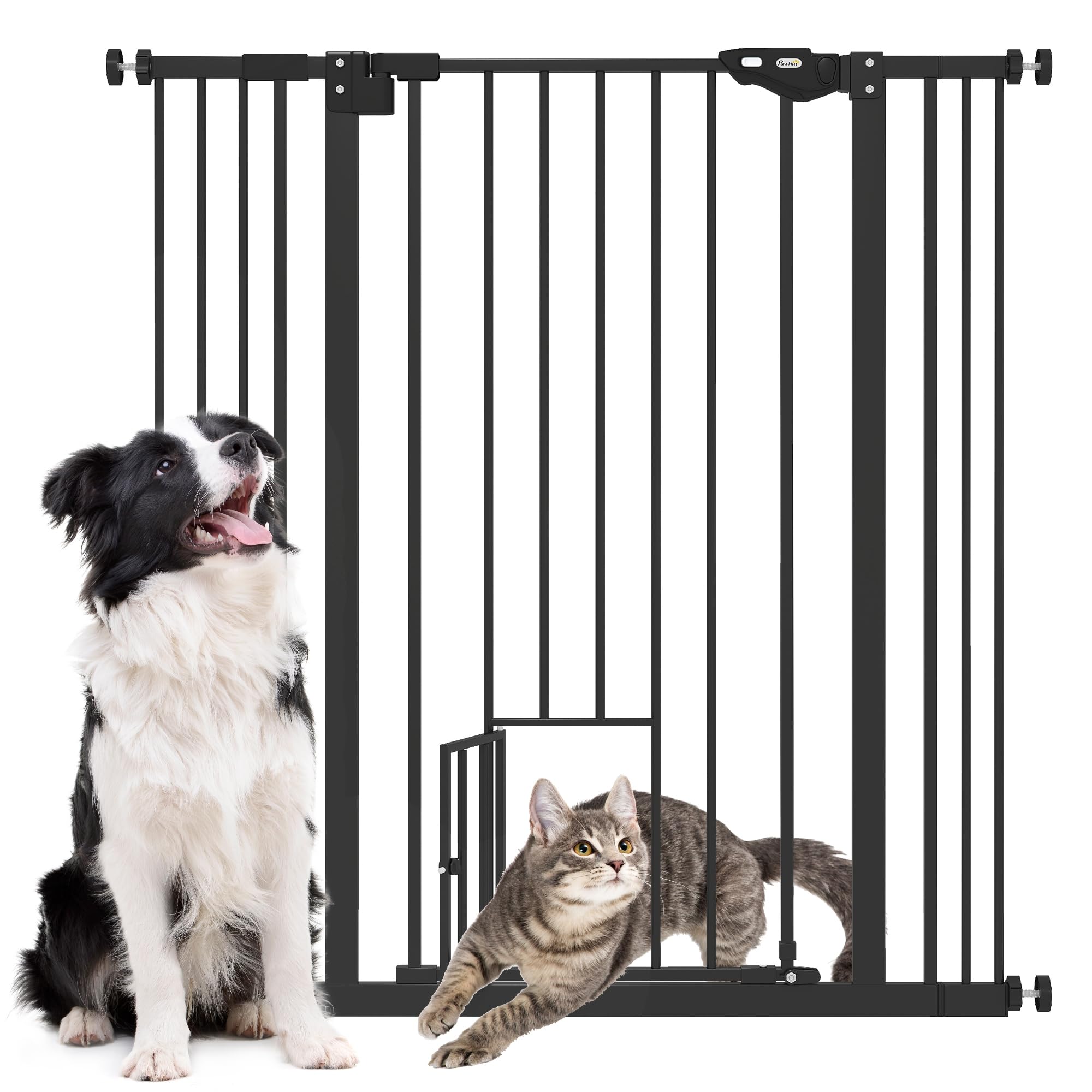 PawHut Extra Tall Dog Gate with Cat Flap, Pet Safety Gate for Doorways Stairs with Auto Close Double Locking, 104 cm Tall 74-101 cm Wide, Black