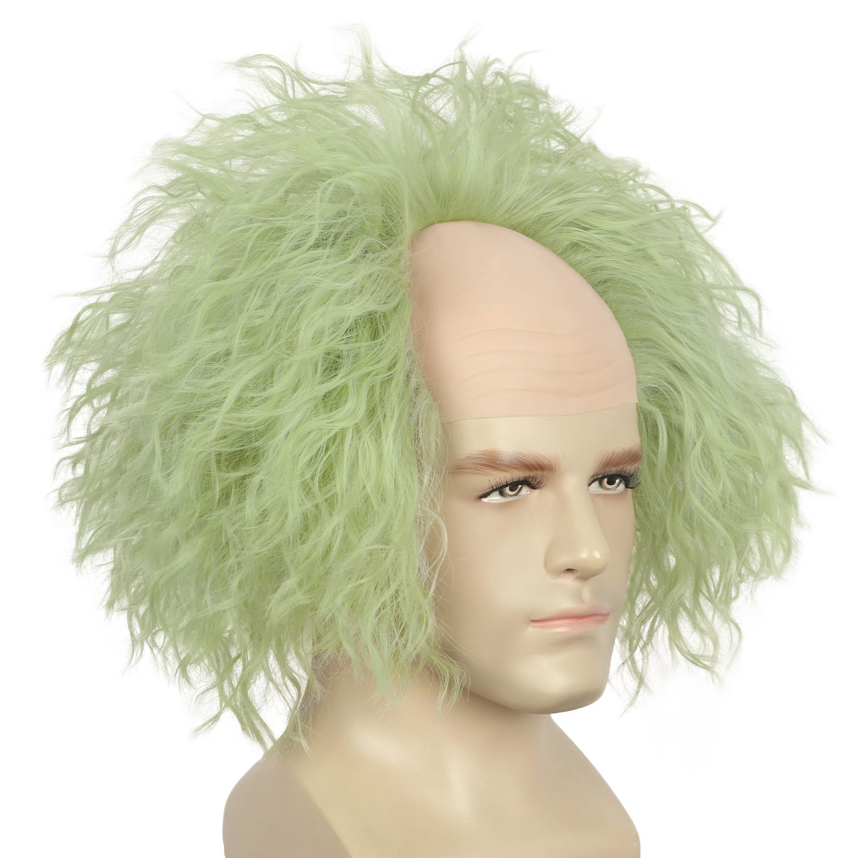 Short Wave Light Green Mens Anime Bald Wig Clown Receding Hair Costume Hair Heat Resistant Synthetic Fibers Fluffy Breathable Clown Cosplay Wig