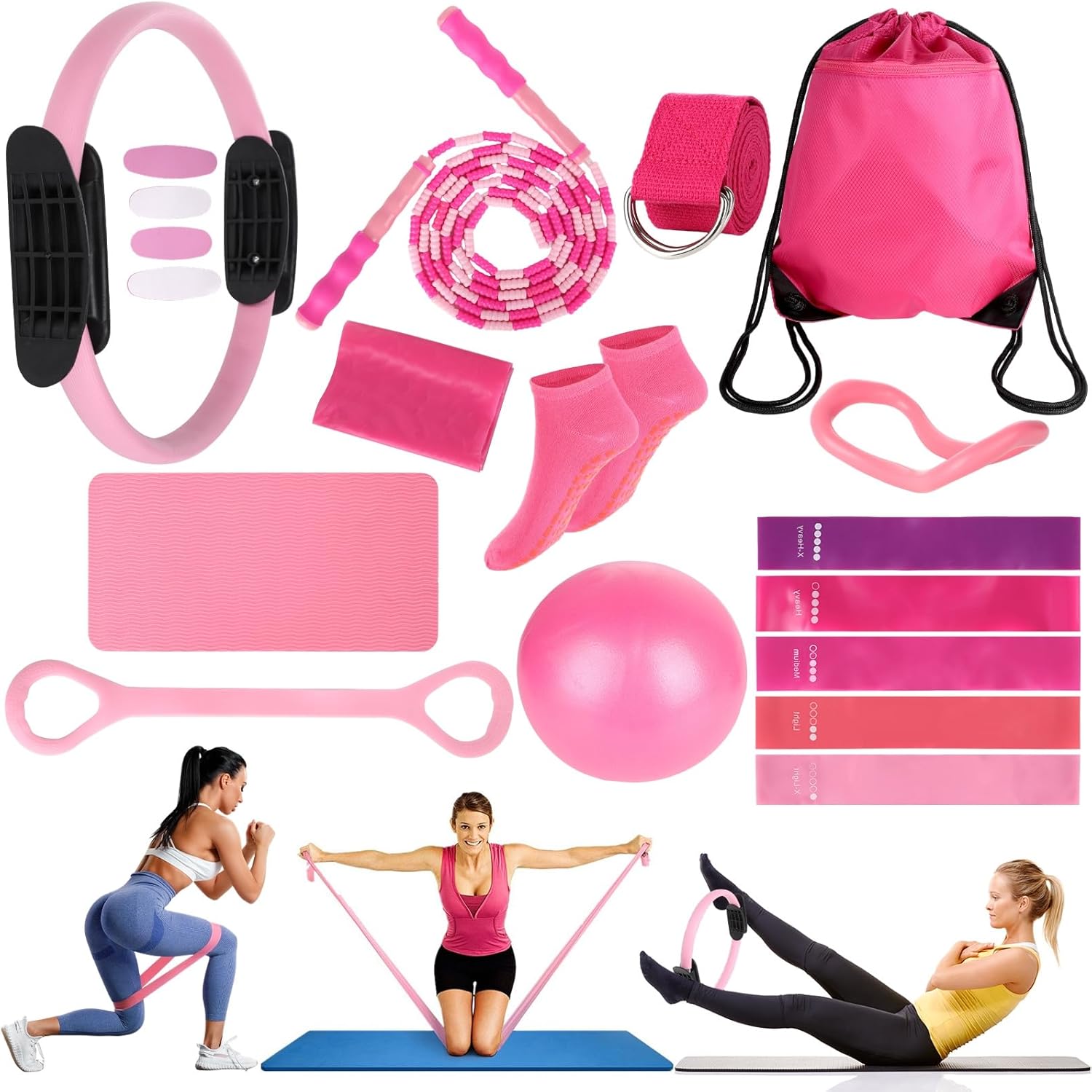 15 Pcs Home Pilates Essentials Kit for Women,Pilates Kit with 9 Inch Yoga Ball,Pilates Ring,Resistance Bands,Jump Rope,Workout Sets for Women,Pilates Equipment Set for Starter Toning Workout at Home