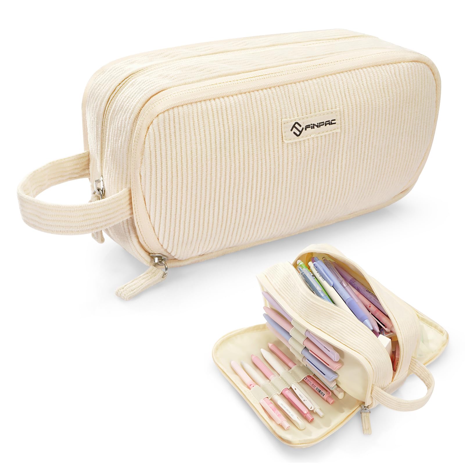 FINPAC Pencil Case, Three Compartment Corduroy Pencil Pouch