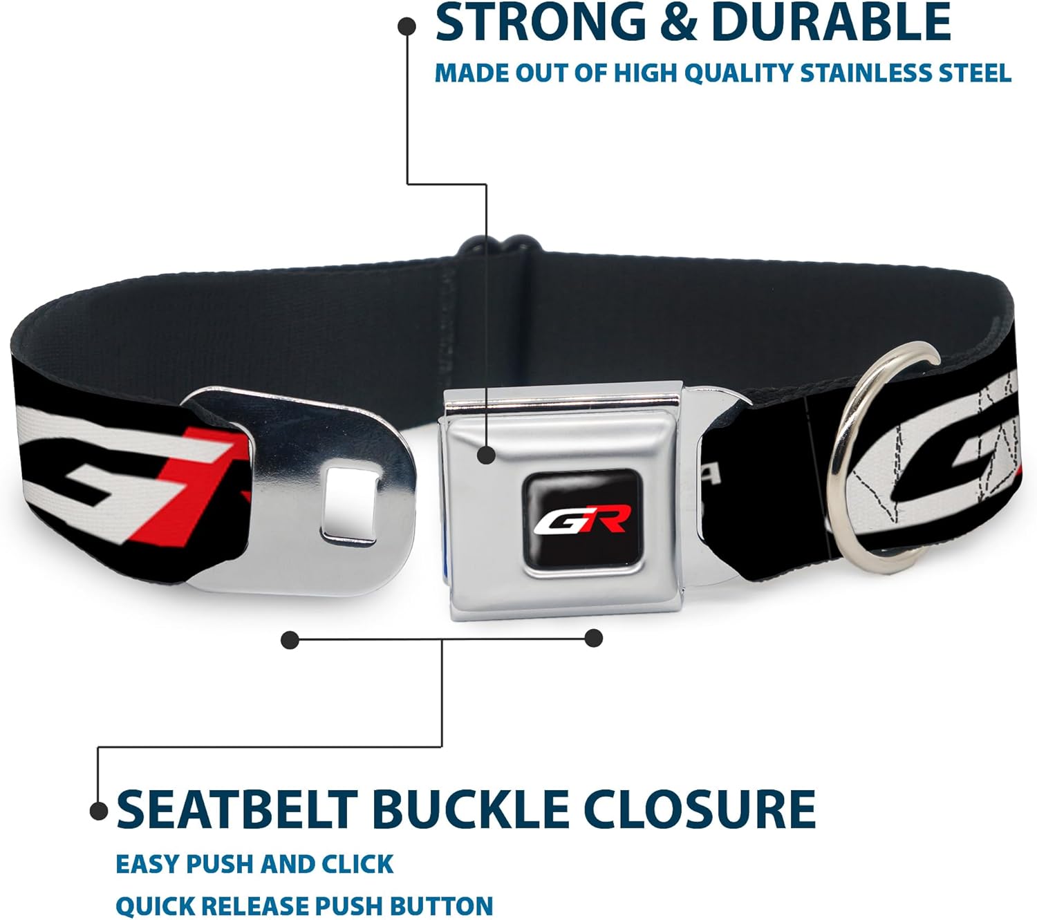 Toyota Pet Collar, Dog Collar Metal Seatbelt Buckle, Toyota Gazoo Racing GR Logo and Text Black White Red, 11 to 16.5 Inches 1.0 Inch Wide