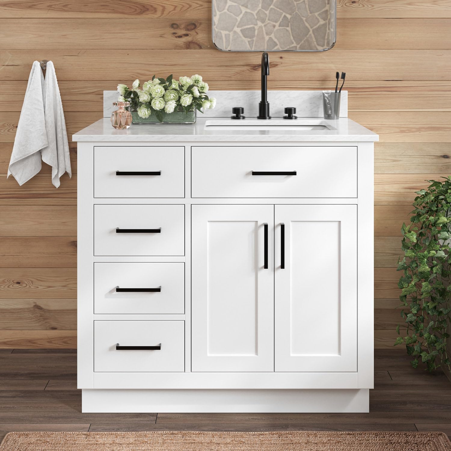 ARIEL Hepburn 36-inch Bathroom Vanity with Sink,Solid Wood, 0.75-inch Italian Carrara Marble Countertop, Single Rectangular Porcelain Sink, 2 Soft Closing Doors, 5 Dovetail Drawers, White